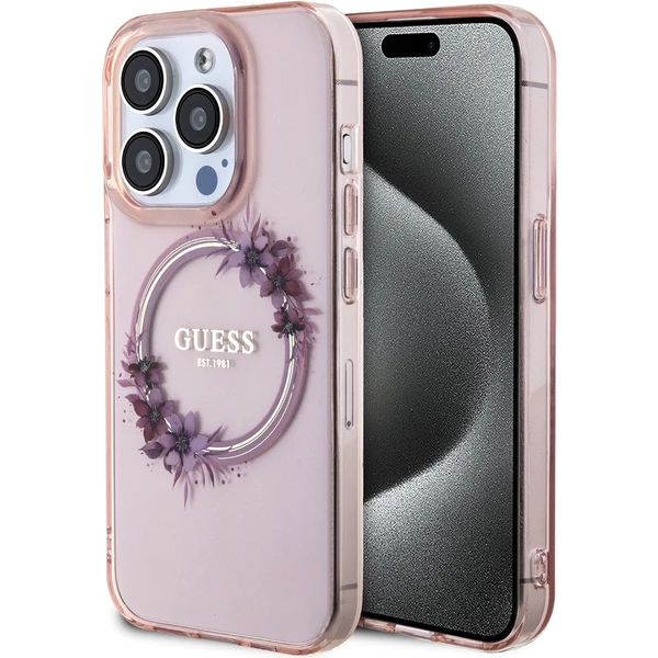 Guess PC/TPU Flowers Ring Glossy Logo MagSafe kryt iPhone 15 Pro Max růžový - Pouzdra - Hlavní obrázek