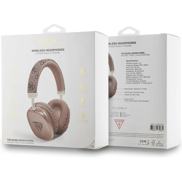 Guess PU Leather 4G Triangle Logo Bluetooth Stereo Headphone hnědé - Sluchátka - Obrázek MDR2000N01