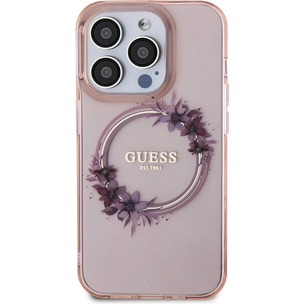 Guess PC/TPU Flowers Ring Glossy Logo MagSafe kryt iPhone 15 Pro Max růžový - Pouzdra - Obrázek N562000N01