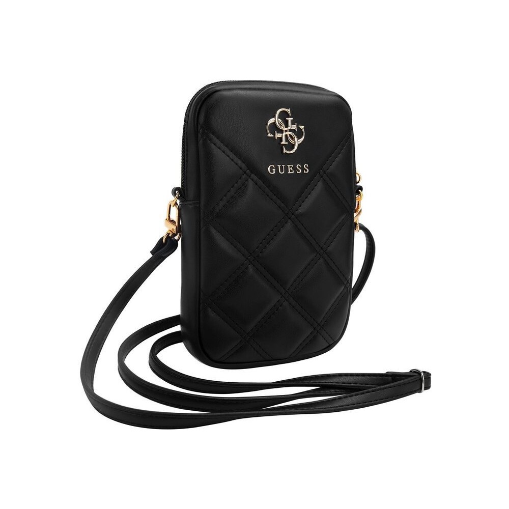 Guess-PU-Quilted-4G-Metal-Logo-Wallet-Phone-Bag-Zipper-cerny