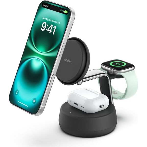 Belkin-UltraCharge-PRO-Qi2-25W-3v1-MagSafe-nabijecka-pro-iPhone-Apple-Watch-AirPods-tmave-seda