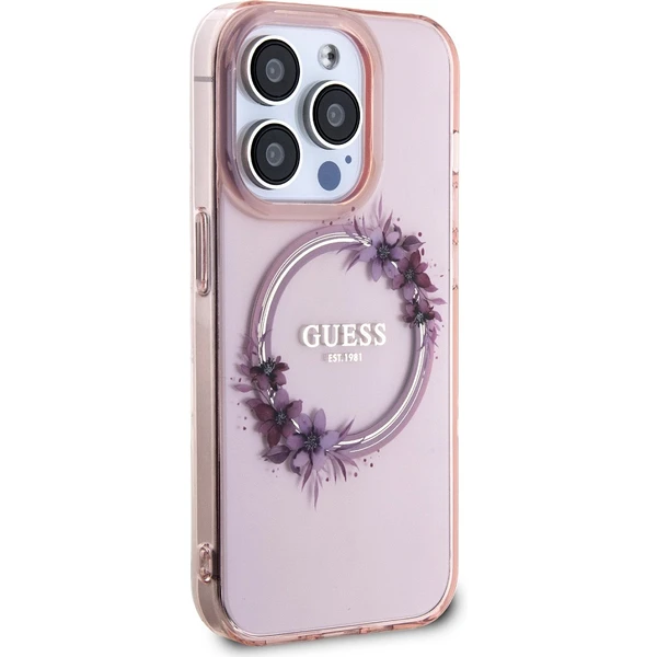 Guess PC/TPU Flowers Ring Glossy Logo MagSafe kryt iPhone 15 Pro Max růžový - Pouzdra - Obrázek O562000N01