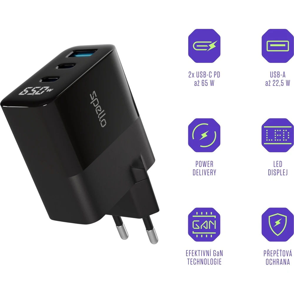 Spello-ForceBoost-Display-GaN-65W-nabijeci-adapter-cerny
