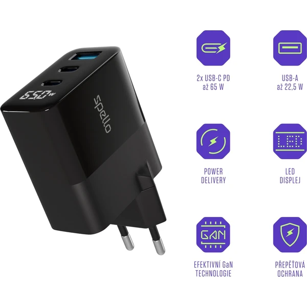 Spello-ForceBoost-Display-GaN-65W-nabijeci-adapter-cerny