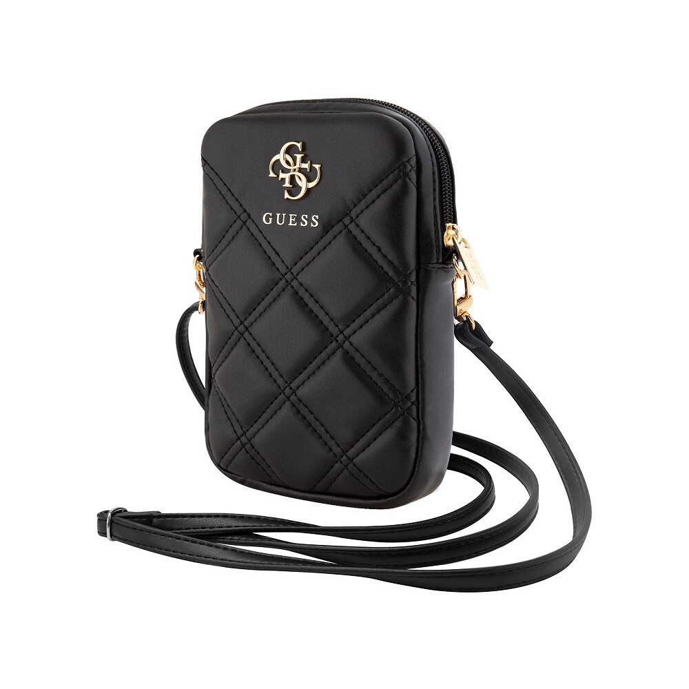 Guess-PU-Quilted-4G-Metal-Logo-Wallet-Phone-Bag-Zipper-cerny
