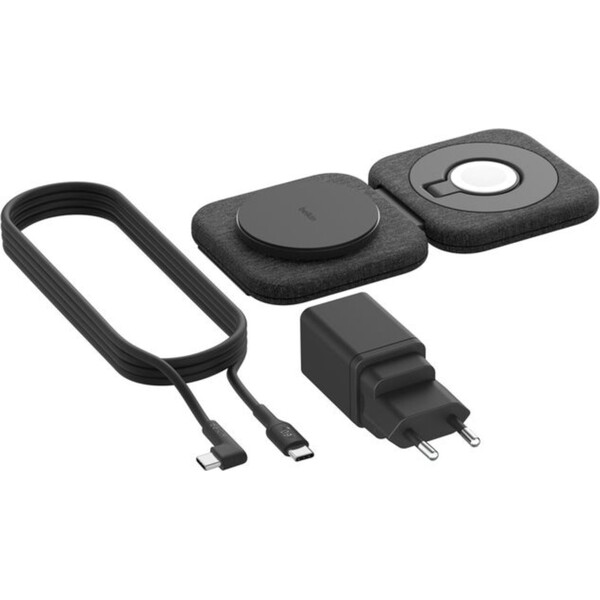 Belkin-BOOST-CHARGE-PRO-Qi2-15W-2v1-Bezdratova-MagSafe-cestovni-podlozka-pro-iPhone-Apple-Watch-Air