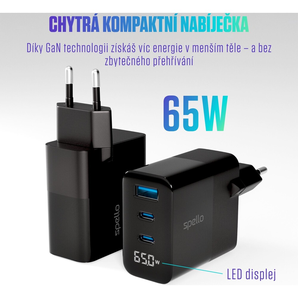 Spello-ForceBoost-Display-GaN-65W-nabijeci-adapter-cerny