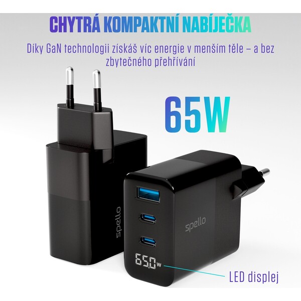 Spello-ForceBoost-Display-GaN-65W-nabijeci-adapter-cerny