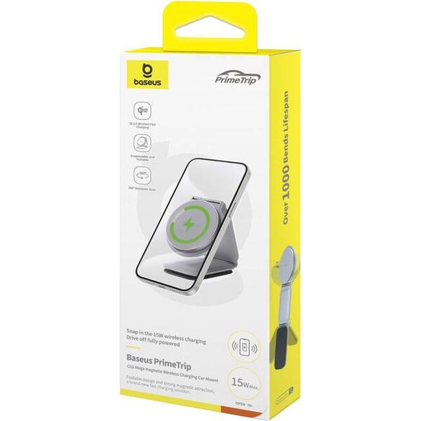 Baseus-PrimeTrip-C02-drzak-do-auta-s-bezdratovym-nabijenim-Qi2-na-palubni-desku-sedy