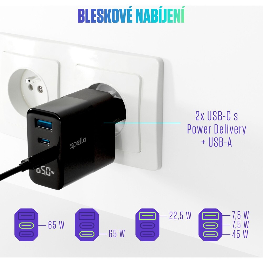 Spello-ForceBoost-Display-GaN-65W-nabijeci-adapter-cerny