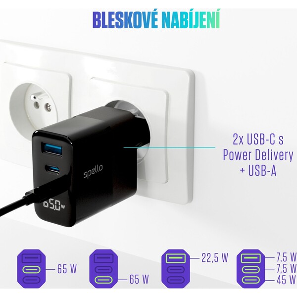 Spello-ForceBoost-Display-GaN-65W-nabijeci-adapter-cerny