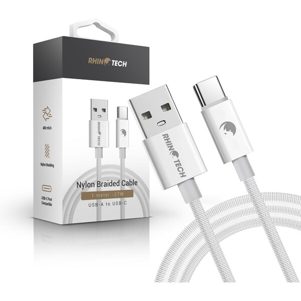RhinoTech-USB-A-USB-C-napajeci-kabel-27W-1m-bily