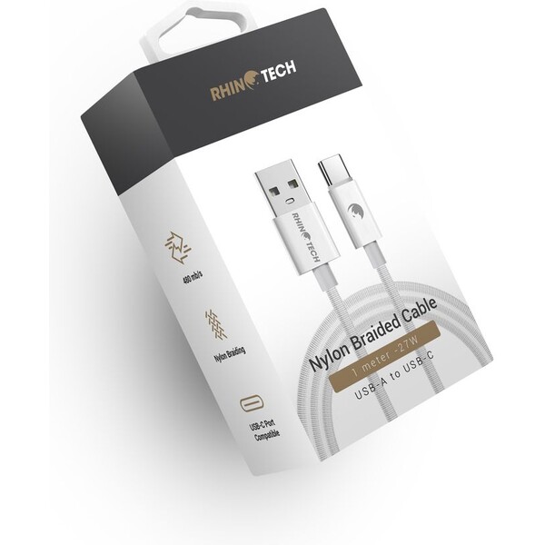 RhinoTech-USB-A-USB-C-napajeci-kabel-27W-1m-bily