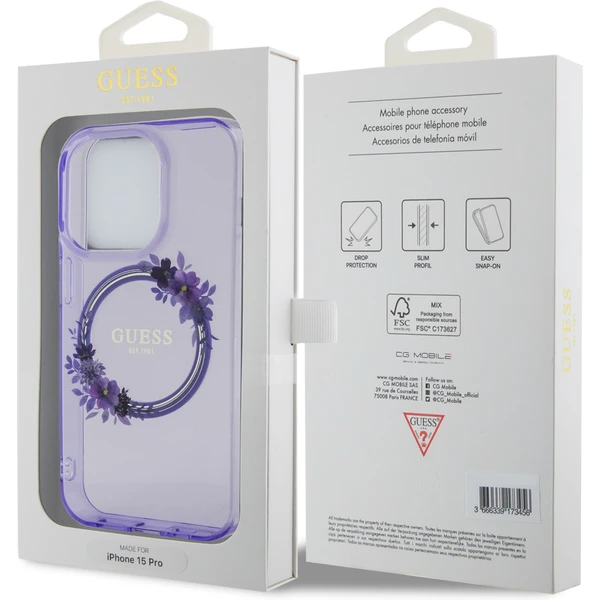 Guess PC/TPU Flowers Ring Glossy Logo MagSafe kryt iPhone 15 Pro fialový - Pouzdra - Obrázek TF62000N01