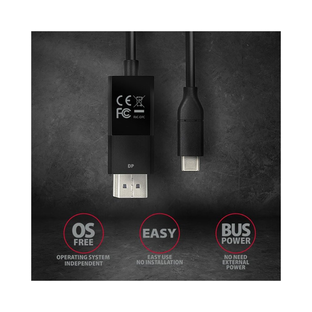 AXAGON-USB-C-DisplayPort-1-2-kabel-4K-1-8m-cerny