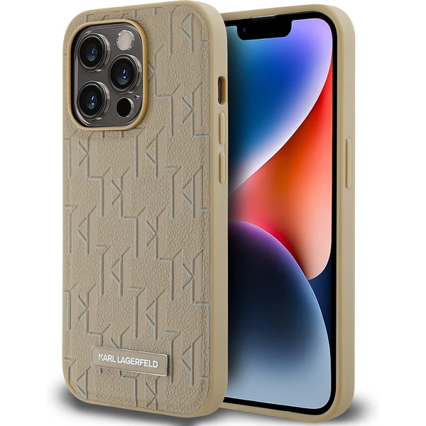 Karl Lagerfeld PU Leather Monogram Metal Logo Magsafe zadní kryt iPhone 15 Pro Max béžový - Pouzdra - Hlavní obrázek