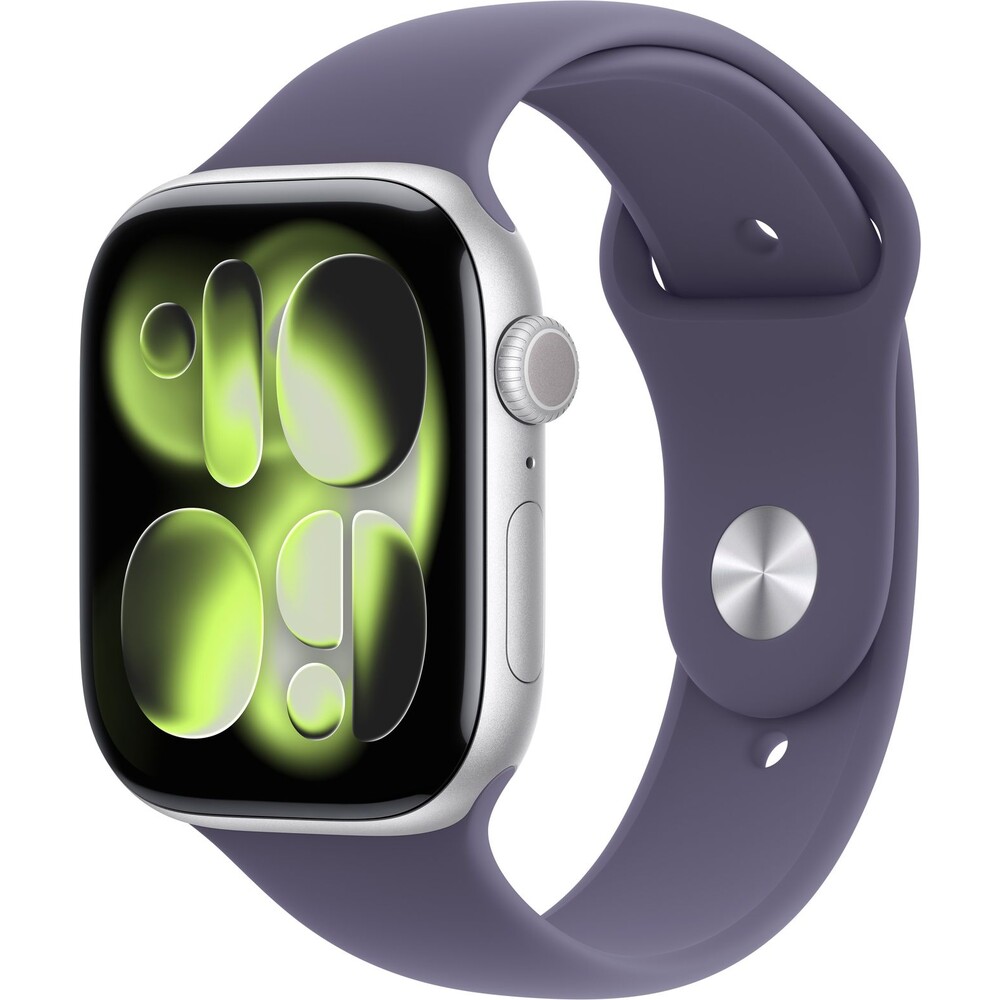 Apple-Watch-Series-11-46mm-Stribrny-hlinik-s-mlzne-fialovym-sportovnim-reminkem-M-L