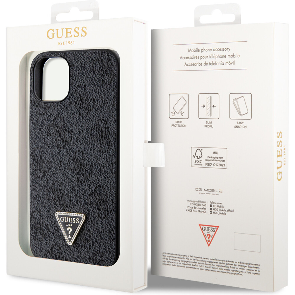 Guess-PU-4G-Strass-Triangle-Metal-Logo-kryt-iPhone-15-cerny