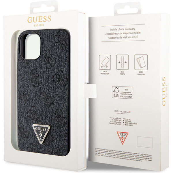 Guess-PU-4G-Strass-Triangle-Metal-Logo-kryt-iPhone-15-cerny