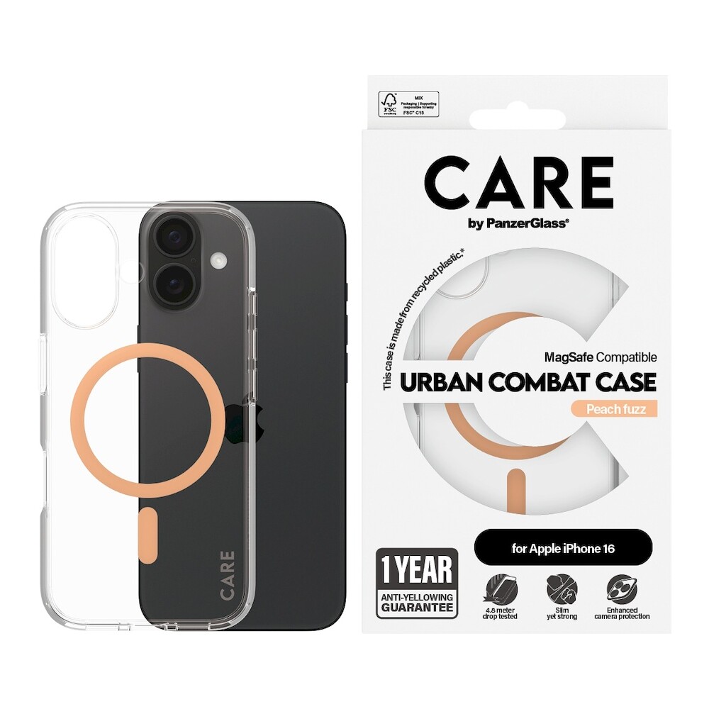 PanzerGlass-CARE-kryt-Apple-iPhone-16-MagSafe-Urban-Combat-ciry-broskvovy