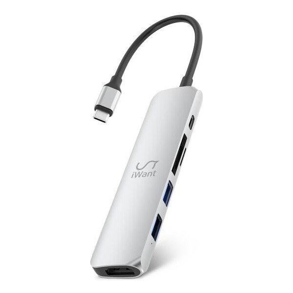 iWant-USB-C-HUB-6v1-HDMI-USB-C-USB-A-SD-Micro-SD-stribrny