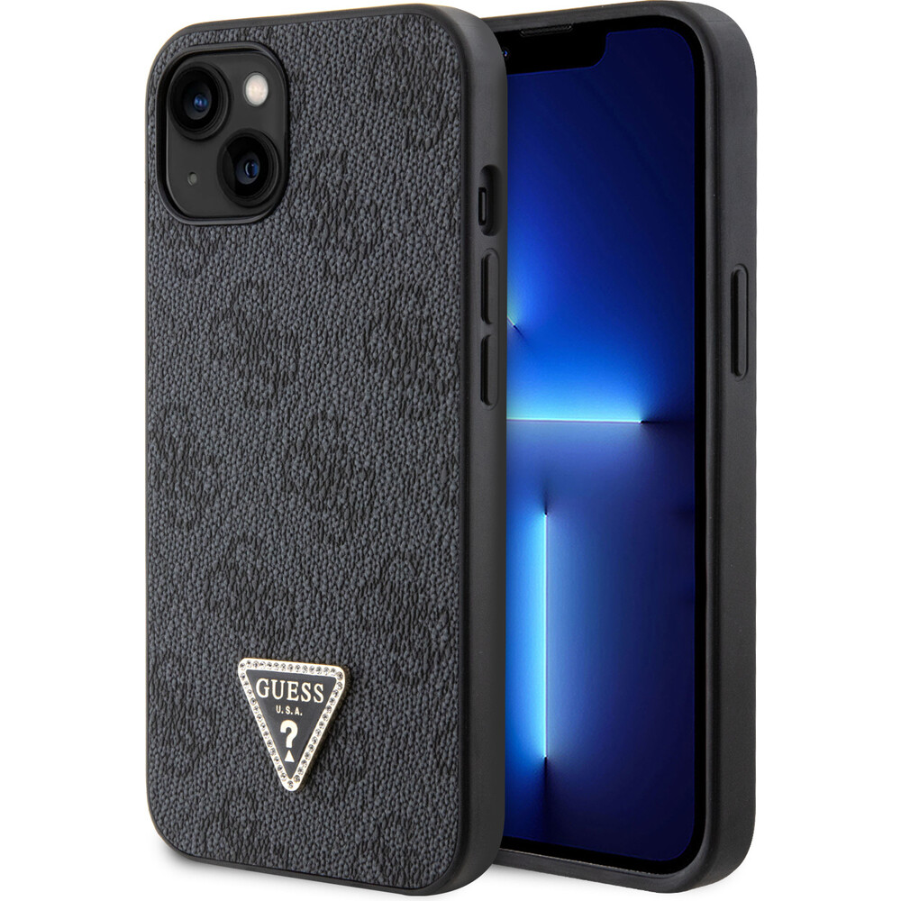 Guess-PU-4G-Strass-Triangle-Metal-Logo-kryt-iPhone-15-cerny