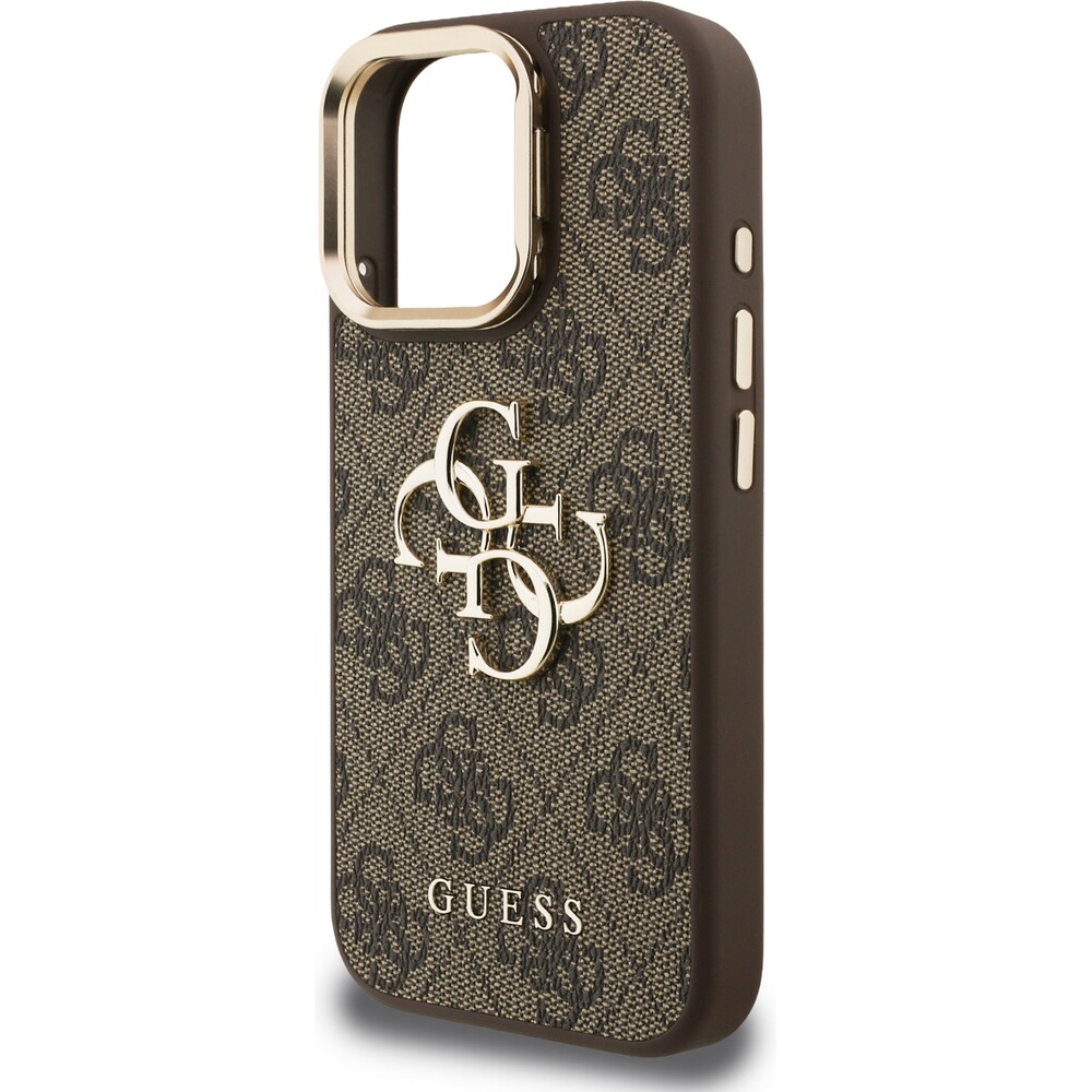 Guess-PU-4G-Metal-Logo-Stand-Camera-Frame-kryt-iPhone-16-Pro-hnedy