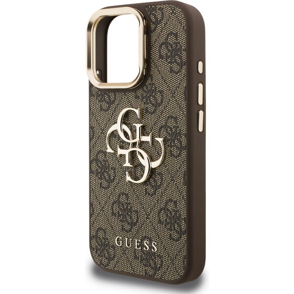 Guess-PU-4G-Metal-Logo-Stand-Camera-Frame-kryt-iPhone-16-Pro-hnedy