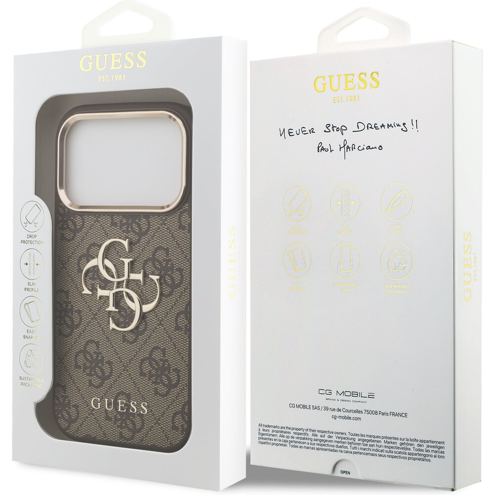 Guess-PU-Leather-4G-Metal-Logo-Gold-Frame-MagSafe-kryt-iPhone-17-Pro-hnedy