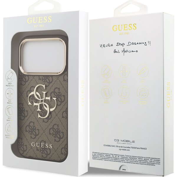 Guess-PU-Leather-4G-Metal-Logo-Gold-Frame-MagSafe-kryt-iPhone-17-Pro-hnedy
