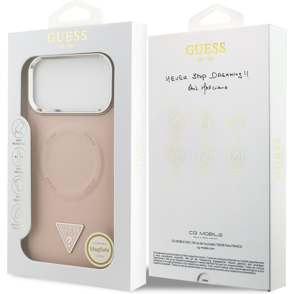 Guess-PU-Leather-Triangle-Logo-MagSafe-kryt-iPhone-17-Pro-ruzovy