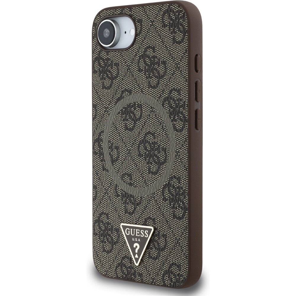 Guess-PU-4G-Strass-Triangle-Metal-Logo-kryt-iPhone-17e-16e-hnedy