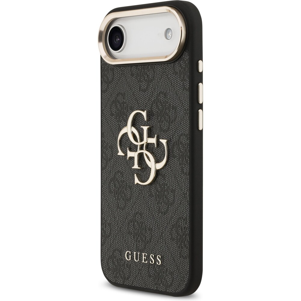 Guess-PU-Leather-4G-Metal-Logo-Gold-Frame-MagSafe-kryt-iPhone-Air-cerny