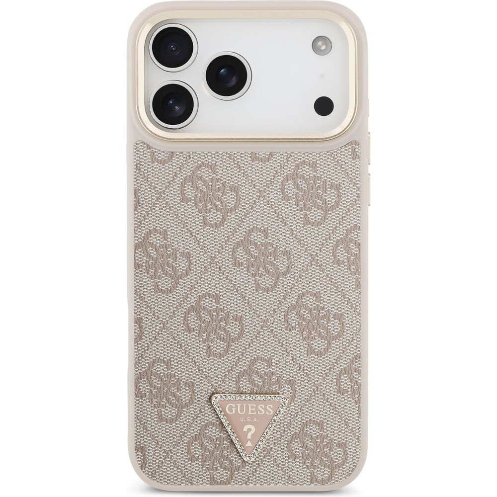 Guess-PU-Leather-4G-Triangle-Logo-Gold-Frame-MagSafe-kryt-iPhone-17-Pro-Max-ruzovy