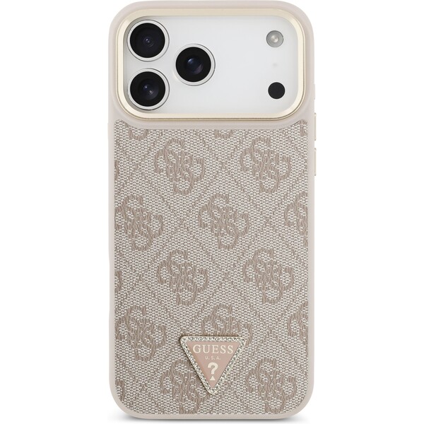 Guess-PU-Leather-4G-Triangle-Logo-Gold-Frame-MagSafe-kryt-iPhone-17-Pro-Max-ruzovy