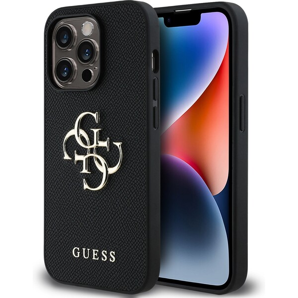 Guess-PU-Grained-4G-Metal-Logo-kryt-iPhone-14-Pro-cerny