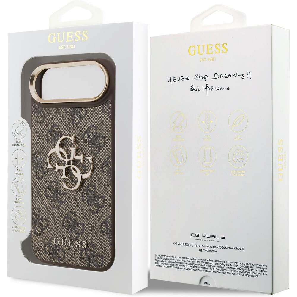 Guess-PU-Leather-4G-Metal-Logo-Gold-Frame-kryt-iPhone-Air-hnedy