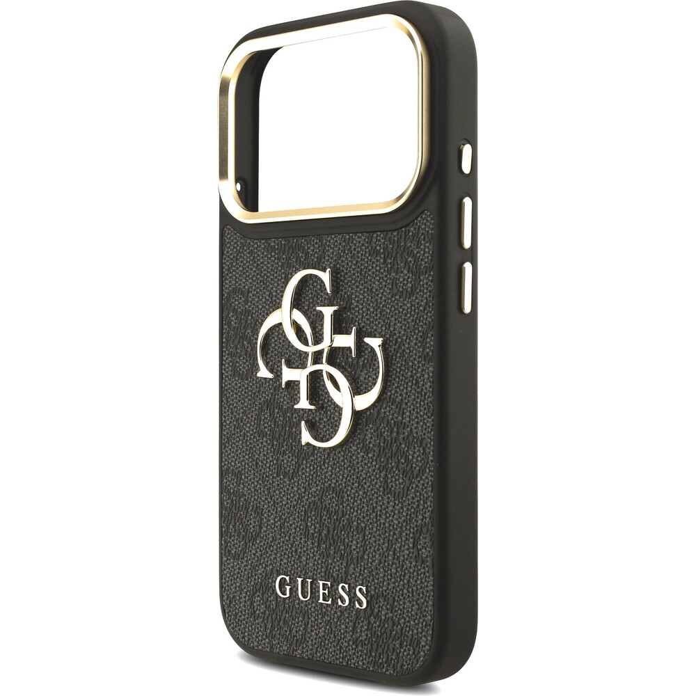 Guess-PU-Leather-4G-Metal-Logo-Gold-Frame-kryt-iPhone-17-Pro-cerny