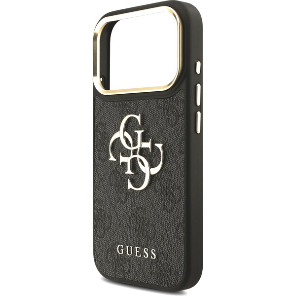 Guess-PU-Leather-4G-Metal-Logo-Gold-Frame-kryt-iPhone-17-Pro-cerny