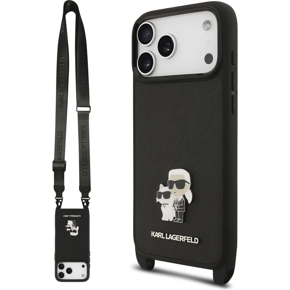 Karl-Lagerfeld-Saffiano-Crossbody-Popruh-Metal-Karl-and-Choupette-kryt-iPhone-17-Pro-cerny