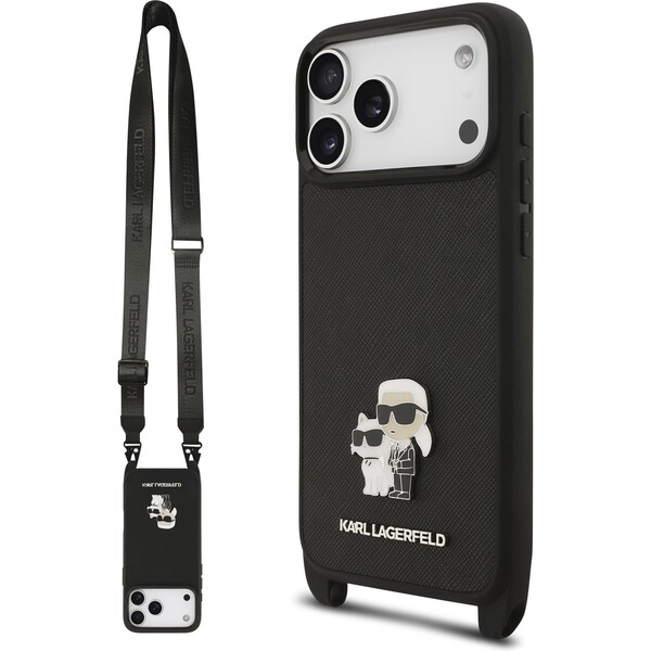Karl-Lagerfeld-Saffiano-Crossbody-Popruh-Metal-Karl-and-Choupette-kryt-iPhone-17-Pro-cerny