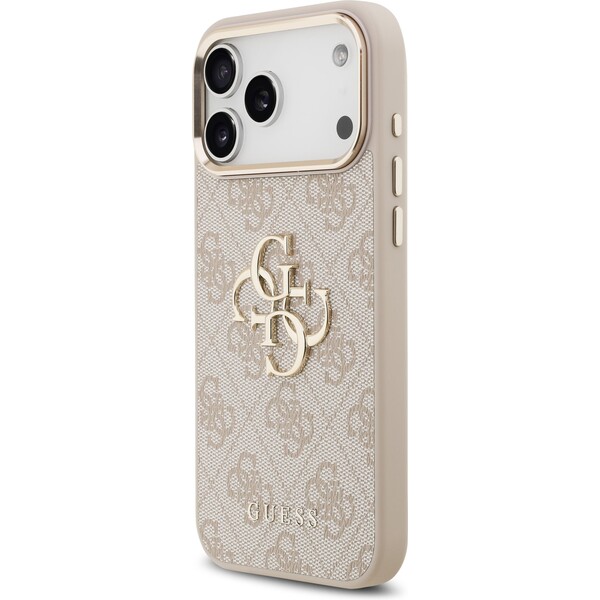 Guess-PU-Leather-4G-Metal-Logo-Gold-Frame-MagSafe-kryt-iPhone-17-Pro-Max-ruzovy