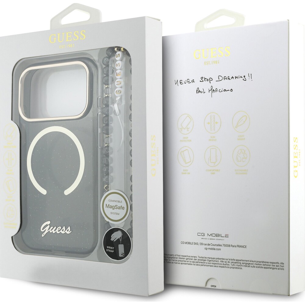 Guess-IML-Glitter-Script-Strap-MagSafe-kryt-iPhone-17-Pro-cerny
