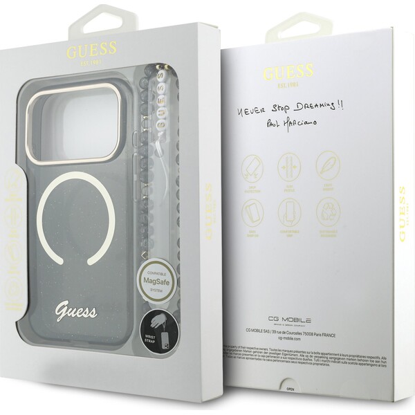 Guess-IML-Glitter-Script-Strap-MagSafe-kryt-iPhone-17-Pro-cerny