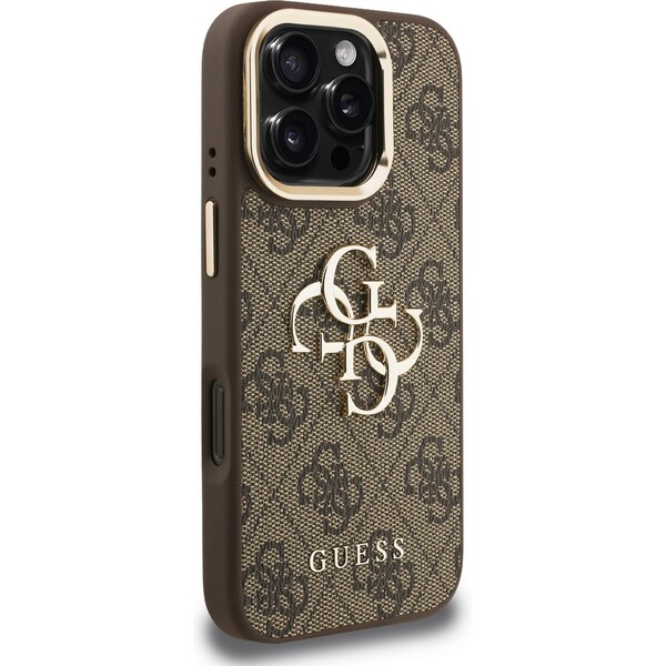 Guess-PU-4G-Metal-Logo-Stand-Camera-Frame-kryt-iPhone-16-Pro-hnedy