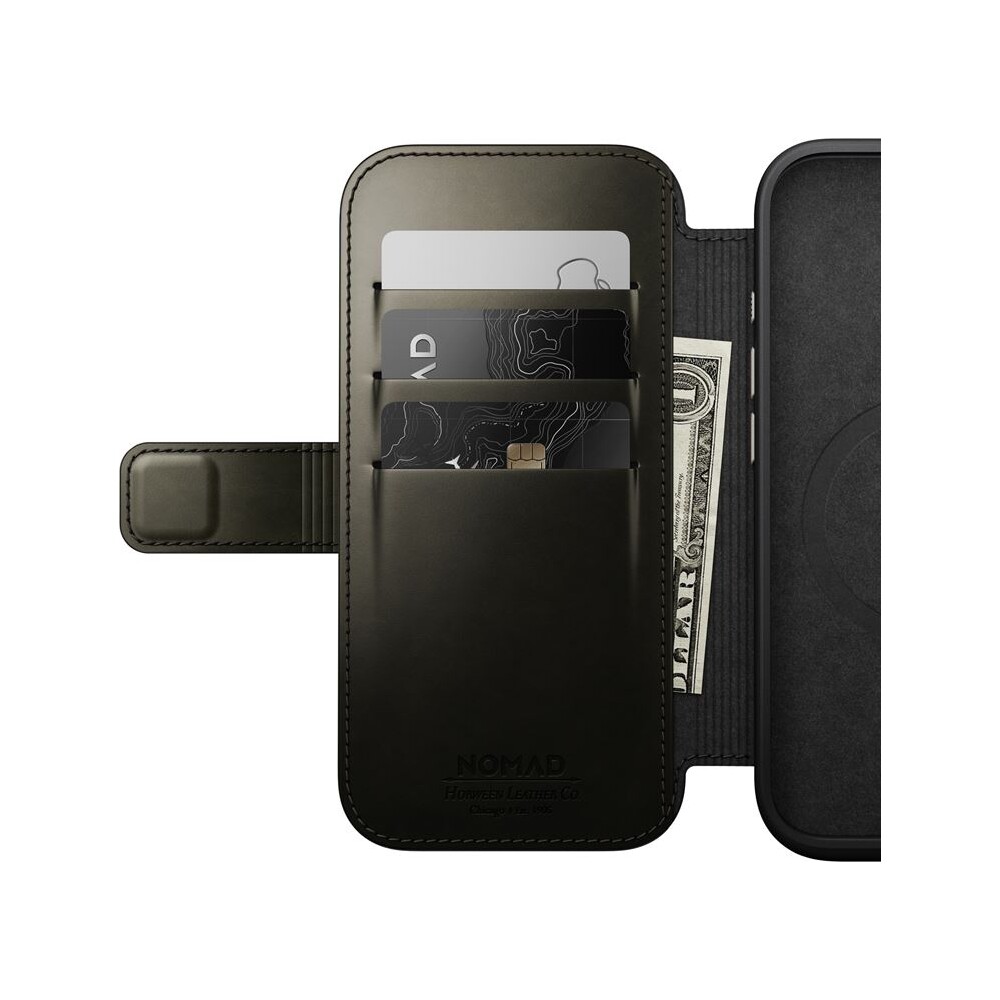 Nomad-Modern-Leather-Folio-MagSafe-pouzdro-iPhone-16-Pro-zelene-chromovane