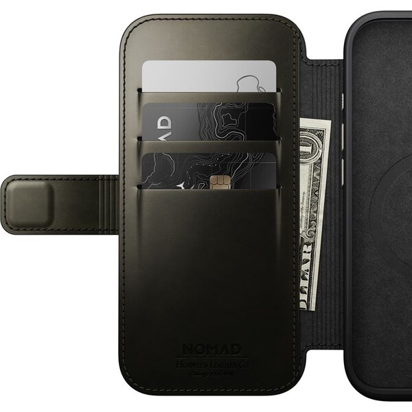 Nomad-Modern-Leather-Folio-MagSafe-pouzdro-iPhone-16-Pro-zelene-chromovane