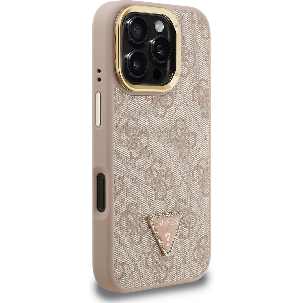 Guess-PU-4G-Strass-Triangle-Logo-Stand-Camera-Frame-MagSafe-kryt-iPhone-16-Pro-ruzovy