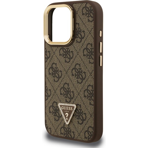 Guess-PU-4G-Strass-Triangle-Logo-Stand-Camera-Frame-MagSafe-kryt-iPhone-16-Pro-hnedy