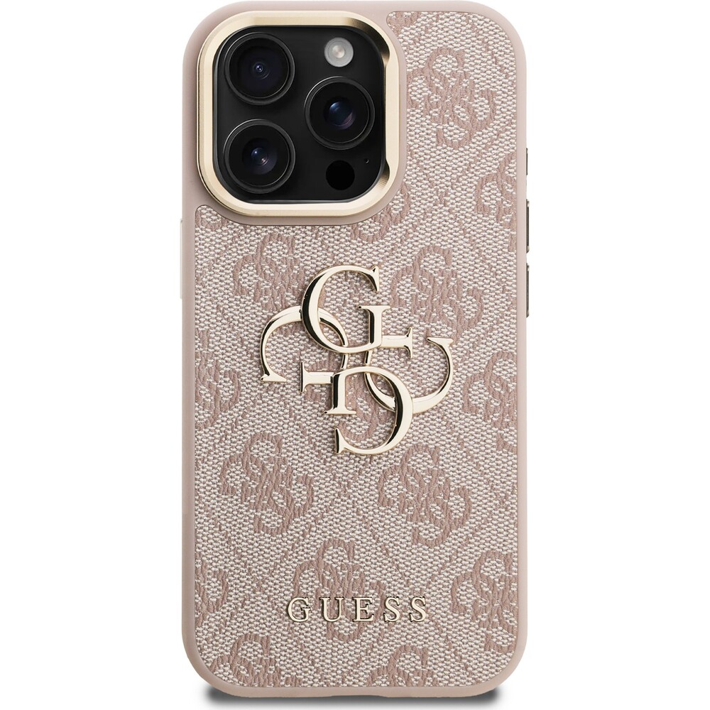 Guess-PU-4G-Metal-Logo-Stand-Camera-Frame-kryt-iPhone-15-Pro-ruzovy